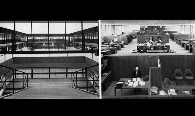 Interior court, seen from the main stairs. The open-plan offices are furnished with free-standing natural oak carrels with 1,73 mt. high walls. They conform to same module as the building.